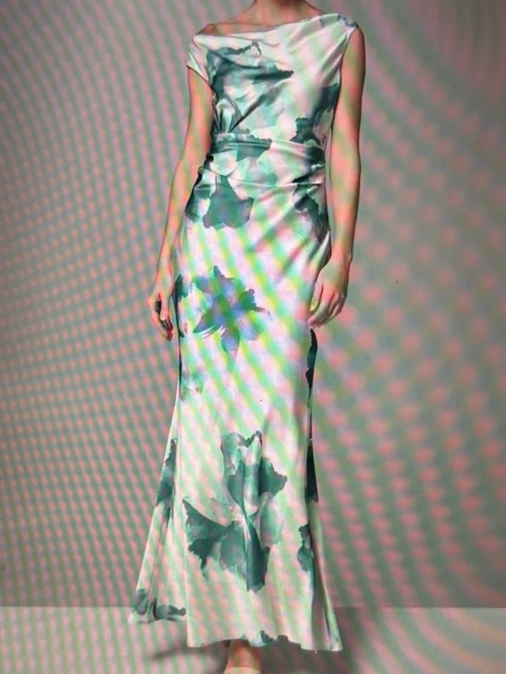 Donna Karan Cream Maxi Dress with Teal Watercolor Print